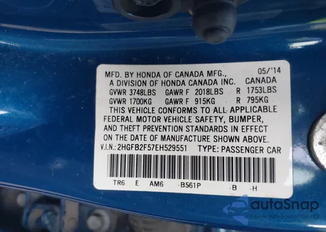 2014 Honda Civic Lx from USA, damaged, VIN 2HGFB2F57EH529551